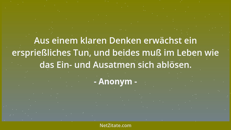 Anonym - Aus einem klaren Denken erwächst ein ersprießliches Tun, und beides muß im Leben wie das Ein- und Ausatmen sich ab...