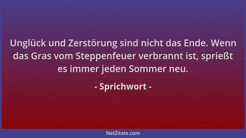 Sprichwort - Unglück und Zerstörung sind nicht das Ende. Wenn das Gras vom Steppenfeuer verbrannt ist, sprießt es immer jed...