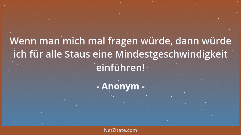 Anonym - Wenn man mich mal fragen würde, dann würde ich für alle Staus eine Mindestgeschwindigkeit einführen!...