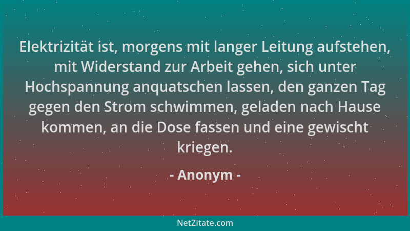 Anonym - Elektrizität ist, morgens mit langer Leitung aufstehen, mit Widerstand zur Arbeit gehen, sich unter Hochspannung a...
