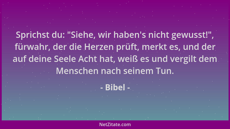 Bibel - Sprichst du:  "Siehe, wir haben 's nicht gewusst! ", fürwahr, der die Herzen prüft, merkt es, und der auf deine Seele...