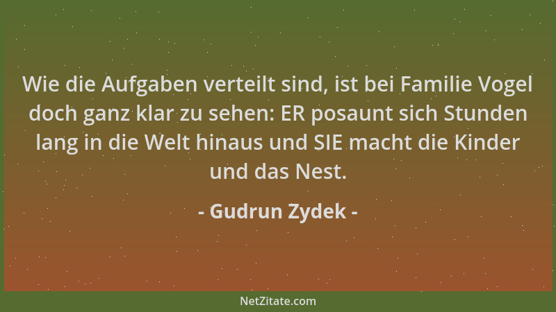 Gudrun Zydek - Wie die Aufgaben verteilt sind, ist bei Familie Vogel doch ganz klar zu sehen: ER posaunt sich Stunden lang...