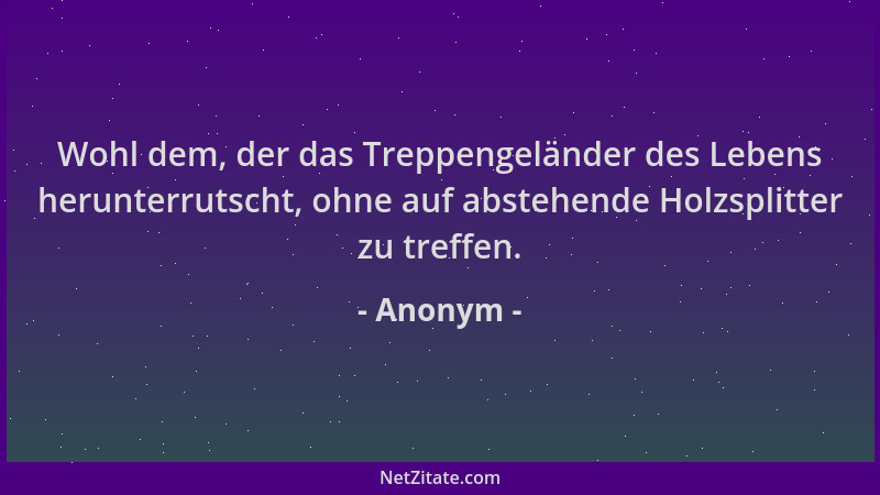 Anonym - Wohl dem, der das Treppengeländer des Lebens herunterrutscht, ohne auf abstehende Holzsplitter zu treffen....