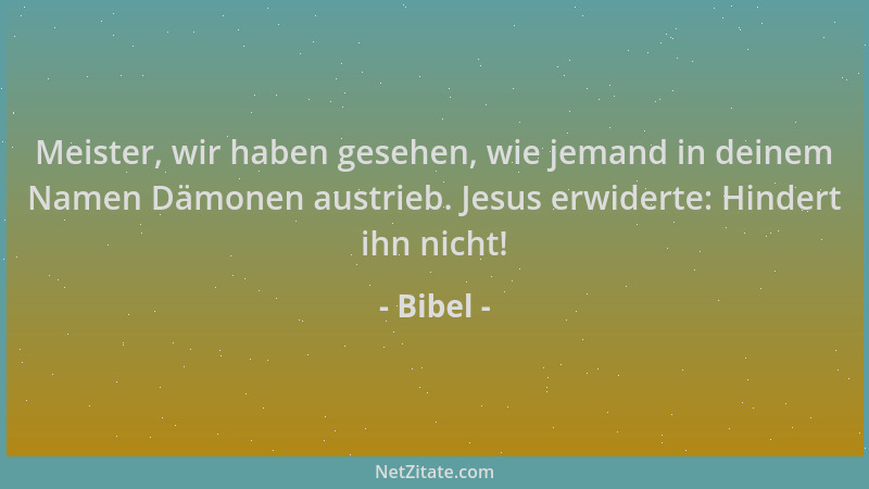 Bibel - Meister, wir haben gesehen, wie jemand in deinem Namen Dämonen austrieb. Jesus erwiderte: Hindert ihn nicht!...