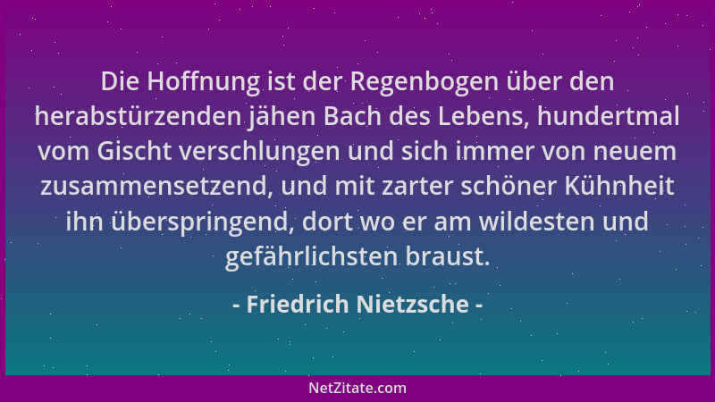 Friedrich Nietzsche - Die Hoffnung ist der Regenbogen über den herabstürzenden jähen Bach des Lebens, hundertmal vom Gischt...