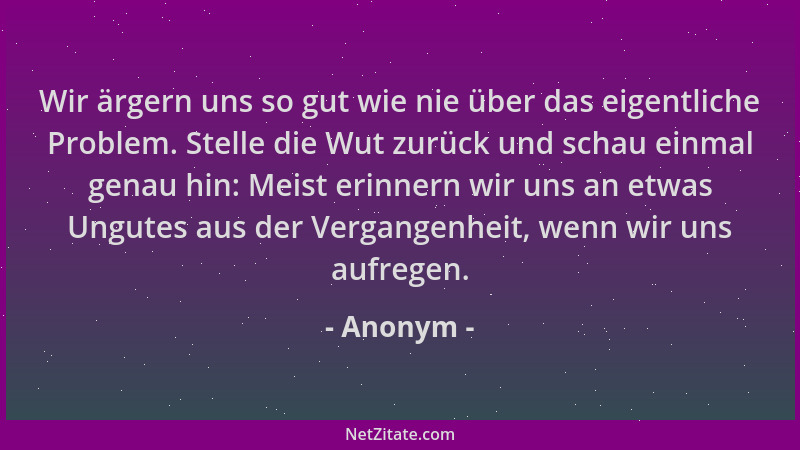 Anonym - Wir ärgern uns so gut wie nie über das eigentliche Problem. Stelle die Wut zurück und schau einmal genau hin: Meis...