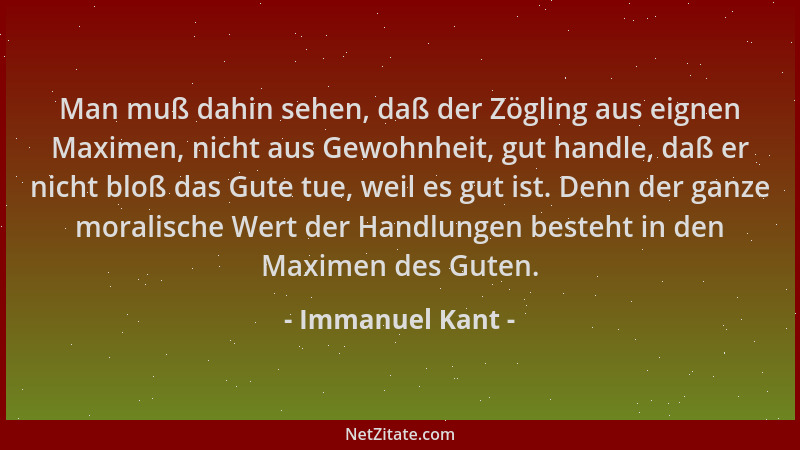 Immanuel Kant - Man muß dahin sehen, daß der Zögling aus eignen Maximen, nicht aus Gewohnheit, gut handle, daß er nicht blo...