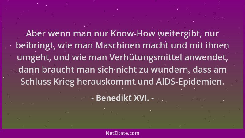 Benedikt XVI. - Aber wenn man nur Know-How weitergibt, nur beibringt, wie man Maschinen macht und mit ihnen umgeht, und wie...