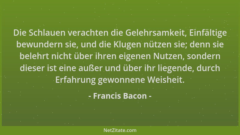 Francis Bacon - Die Schlauen verachten die Gelehrsamkeit, Einfältige bewundern sie, und die Klugen nützen sie; denn sie bel...
