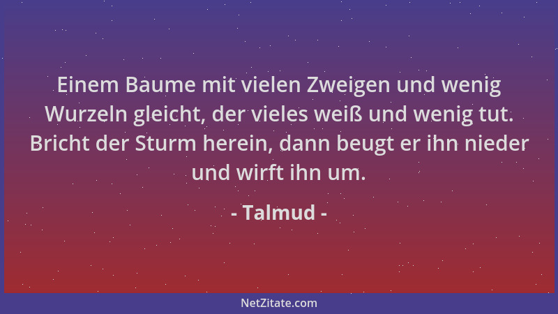 Talmud - Einem Baume mit vielen Zweigen und wenig Wurzeln gleicht, der vieles weiß und wenig tut. Bricht der Sturm herein,...