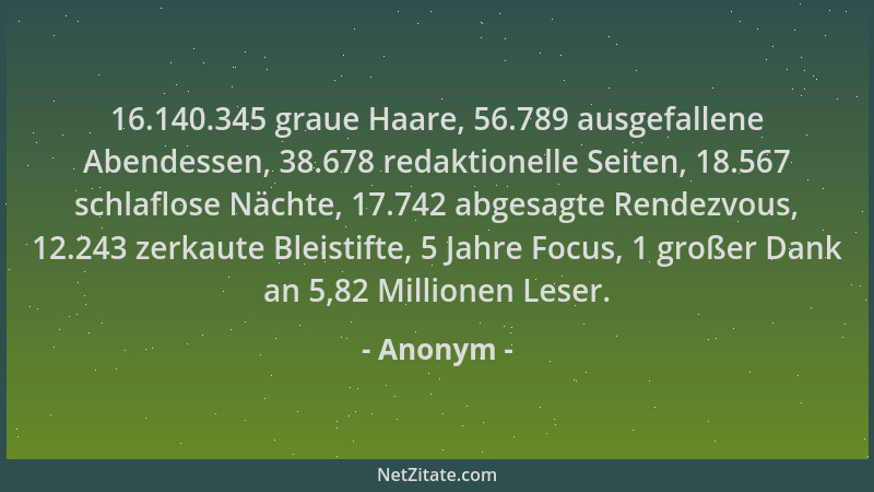 Anonym - 16.140.345 graue Haare, 56.789 ausgefallene Abendessen, 38.678 redaktionelle Seiten, 18.567 schlaflose Nächte, 17....