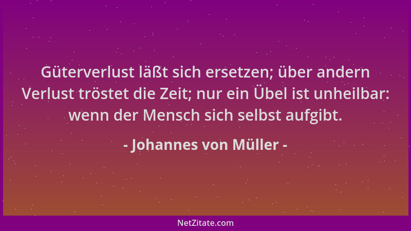 Johannes von Müller - Güterverlust läßt sich ersetzen; über andern Verlust tröstet die Zeit; nur ein Übel ist unheilbar: we...