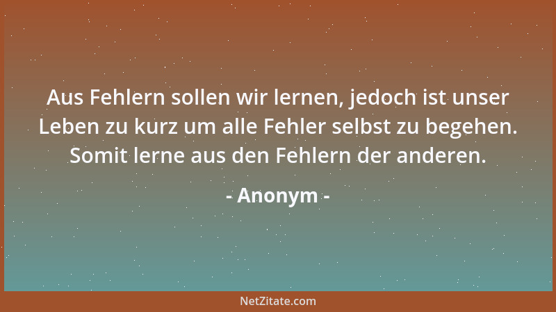 Anonym - Aus Fehlern sollen wir lernen, jedoch ist unser Leben zu kurz um alle Fehler selbst zu begehen. Somit lerne aus de...