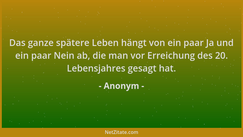 Anonym - Das ganze spätere Leben hängt von ein paar Ja und ein paar Nein ab, die man vor Erreichung des 20. Lebensjahres ge...