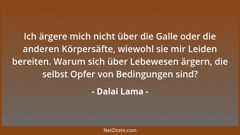 Dalai Lama - Ich ärgere mich nicht über die Galle oder die anderen Körpersäfte, wiewohl sie mir Leiden bereiten. Warum sich...