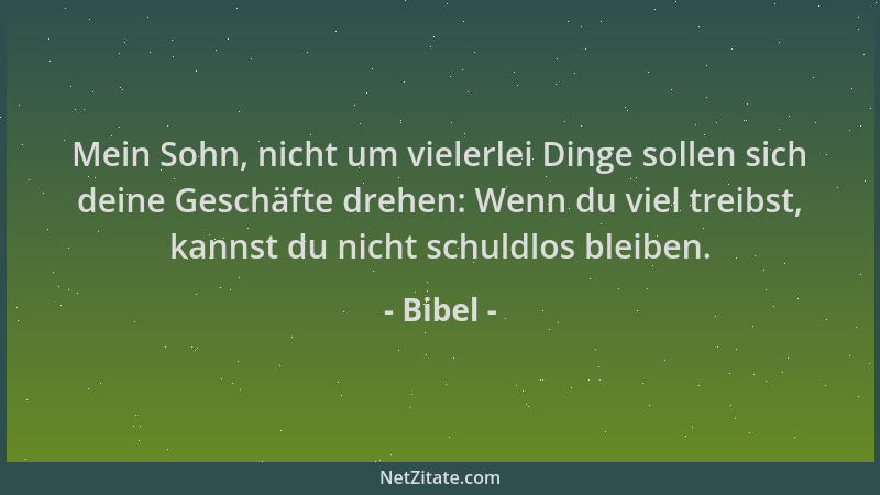 Bibel - Mein Sohn, nicht um vielerlei Dinge sollen sich deine Geschäfte drehen: Wenn du viel treibst, kannst du nicht schul...