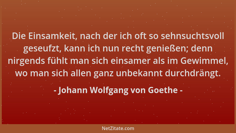Johann Wolfgang von Goethe - Die Einsamkeit, nach der ich oft so sehnsuchtsvoll geseufzt, kann ich nun recht genießen; denn...