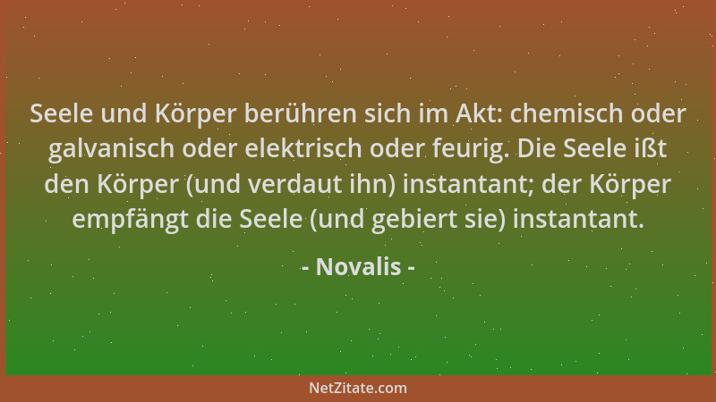 Novalis - Seele und Körper berühren sich im Akt: chemisch oder galvanisch oder elektrisch oder feurig. Die Seele ißt den Kö...