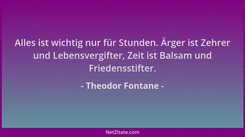 Theodor Fontane - Alles ist wichtig nur für Stunden. Ärger ist Zehrer und Lebensvergifter, Zeit ist Balsam und Friedensstif...