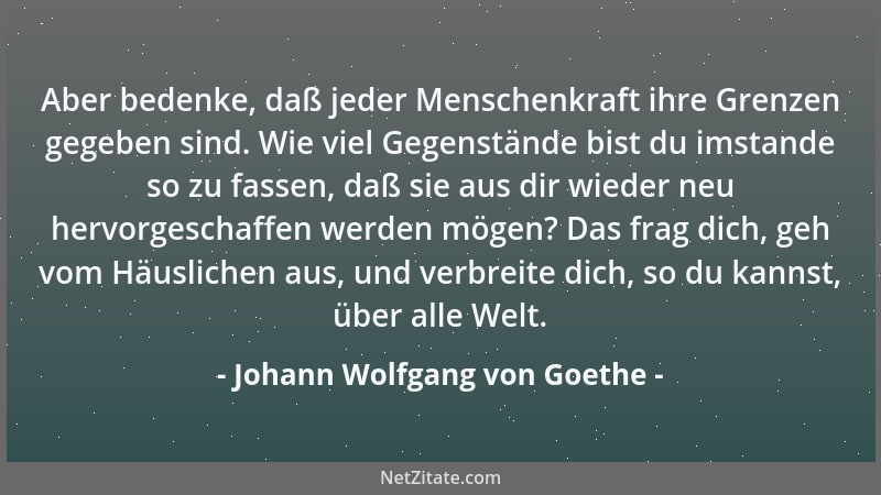 Johann Wolfgang von Goethe - Aber bedenke, daß jeder Menschenkraft ihre Grenzen gegeben sind. Wie viel Gegenstände bist du...