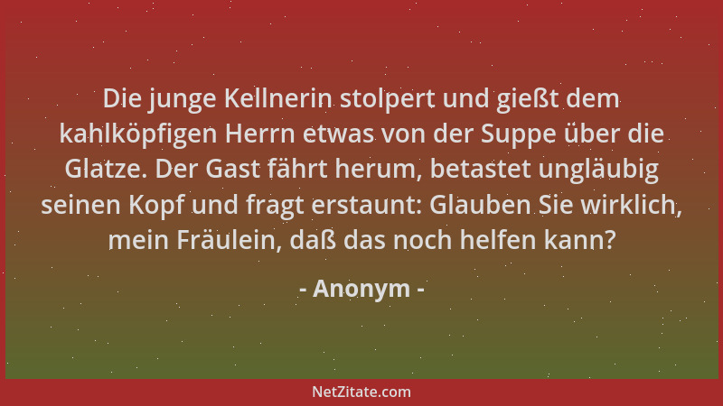 Anonym - Die junge Kellnerin stolpert und gießt dem kahlköpfigen Herrn etwas von der Suppe über die Glatze. Der Gast fährt...