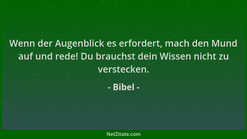 Bibel - Wenn der Augenblick es erfordert, mach den Mund auf und rede! Du brauchst dein Wissen nicht zu verstecken....