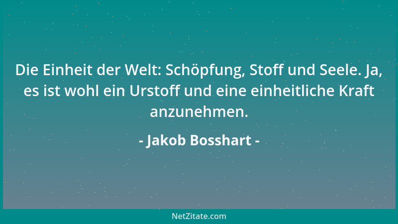 Jakob Bosshart - Die Einheit der Welt: Schöpfung, Stoff und Seele. Ja, es ist wohl ein Urstoff und eine einheitliche Kraft...