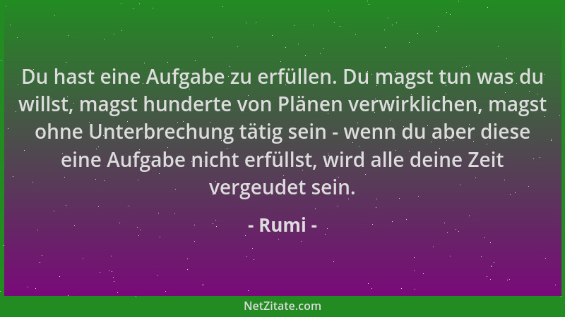 Rumi - Du hast eine Aufgabe zu erfüllen. Du magst tun was du willst, magst hunderte von Plänen verwirklichen, magst ohne Un...