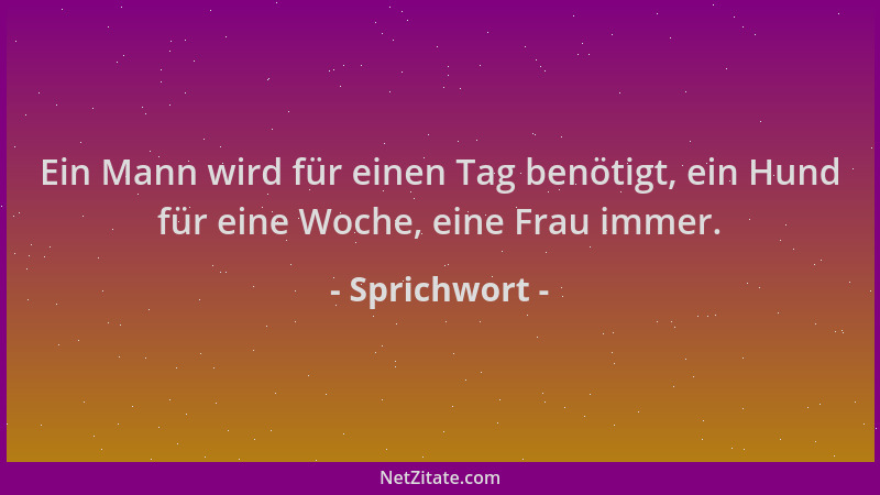 Sprichwort - Ein Mann wird für einen Tag benötigt, ein Hund für eine Woche, eine Frau immer....