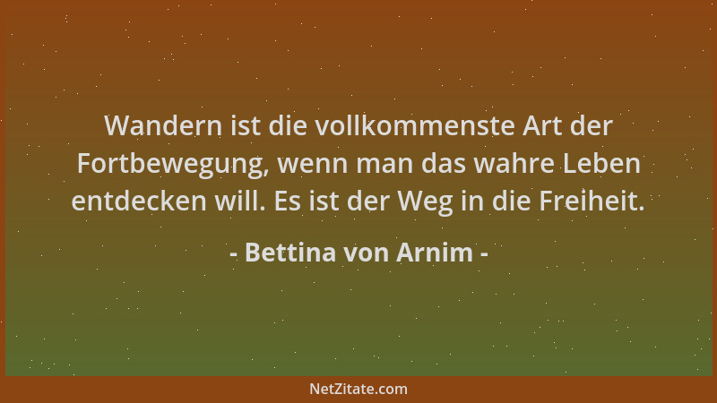 Bettina von Arnim - Wandern ist die vollkommenste Art der Fortbewegung, wenn man das wahre Leben entdecken will. Es ist der...