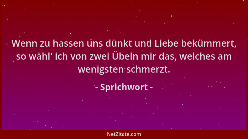 Sprichwort - Wenn zu hassen uns dünkt und Liebe bekümmert, so wähl ' ich von zwei Übeln mir das, welches am wenigsten schmer...