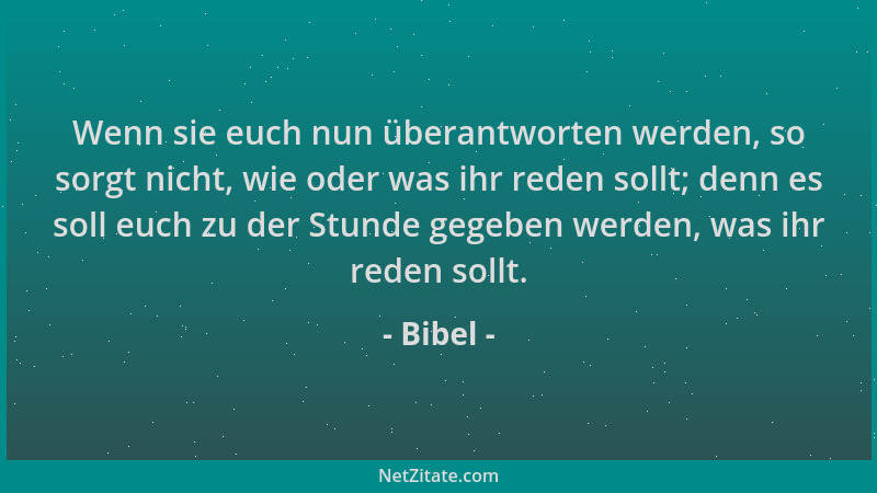 Bibel - Wenn sie euch nun überantworten werden, so sorgt nicht, wie oder was ihr reden sollt; denn es soll euch zu der Stun...