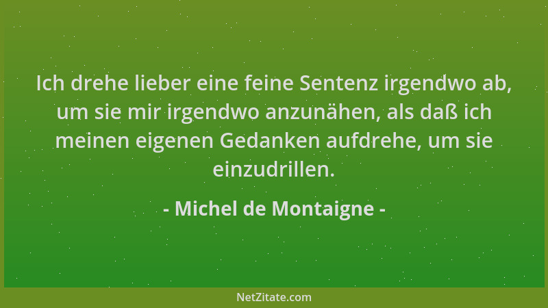 Michel de Montaigne - Ich drehe lieber eine feine Sentenz irgendwo ab, um sie mir irgendwo anzunähen, als daß ich meinen ei...