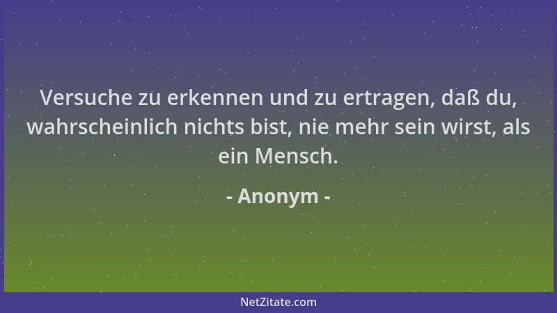 Anonym - Versuche zu erkennen und zu ertragen, daß du, wahrscheinlich nichts bist, nie mehr sein wirst, als ein Mensch....