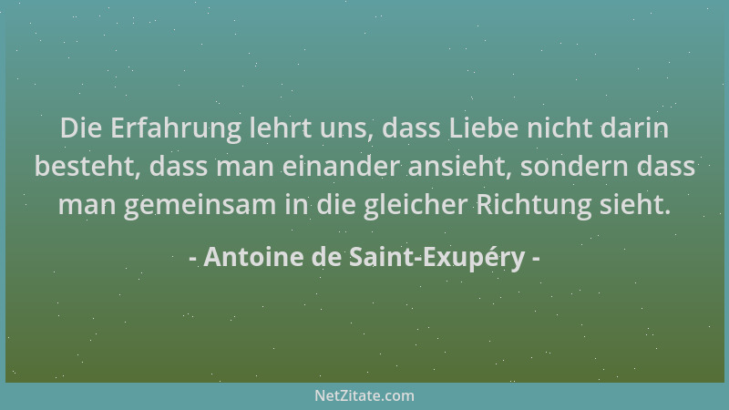 Antoine de Saint-Exupéry - Die Erfahrung lehrt uns, dass Liebe nicht darin besteht, dass man einander ansieht, sondern dass...
