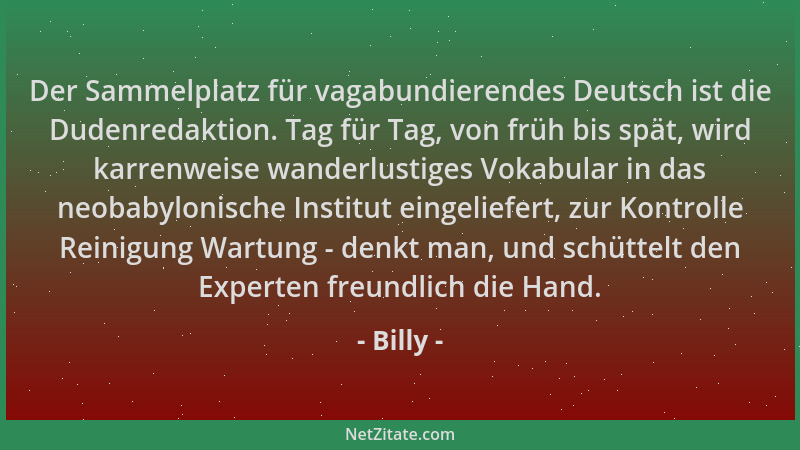 Billy - Der Sammelplatz für vagabundierendes Deutsch ist die Dudenredaktion. Tag für Tag, von früh bis spät, wird karrenwei...