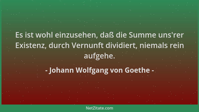 Johann Wolfgang von Goethe - Es ist wohl einzusehen, daß die Summe uns 'rer Existenz, durch Vernunft dividiert, niemals rein...