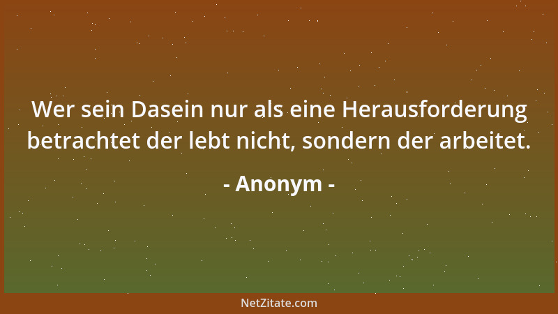 Anonym - Wer sein Dasein nur als eine Herausforderung betrachtet der lebt nicht, sondern der arbeitet....