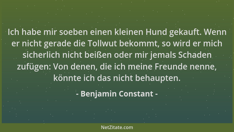 Benjamin Constant - Ich habe mir soeben einen kleinen Hund gekauft. Wenn er nicht gerade die Tollwut bekommt, so wird er mi...