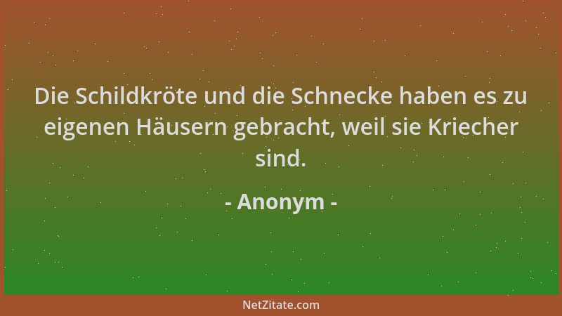 Anonym - Die Schildkröte und die Schnecke haben es zu eigenen Häusern gebracht, weil sie Kriecher sind....