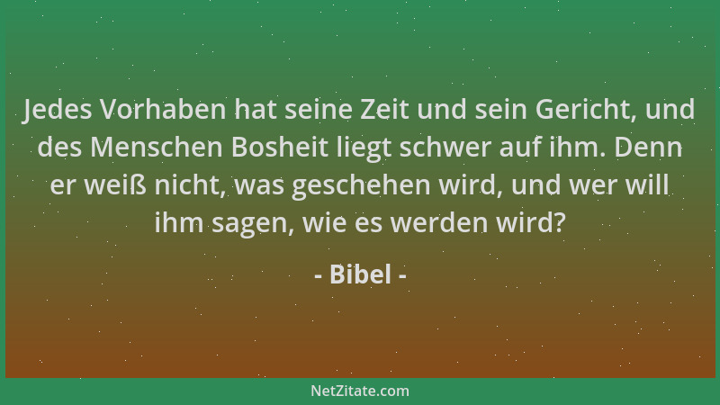 Bibel - Jedes Vorhaben hat seine Zeit und sein Gericht, und des Menschen Bosheit liegt schwer auf ihm. Denn er weiß nicht,...