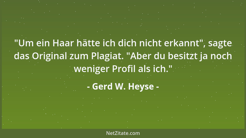 Gerd W. Heyse -  "Um ein Haar hätte ich dich nicht erkannt ", sagte das Original zum Plagiat.  "Aber du besitzt ja noch wenige...