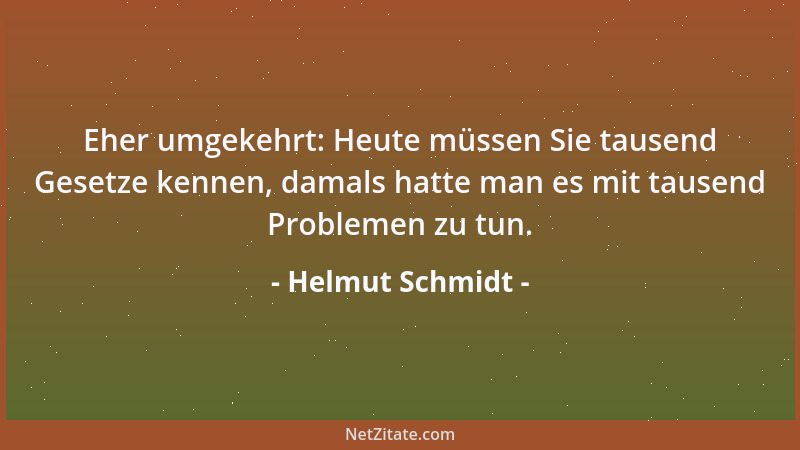 Helmut Schmidt - Eher umgekehrt: Heute müssen Sie tausend Gesetze kennen, damals hatte man es mit tausend Problemen zu tun....