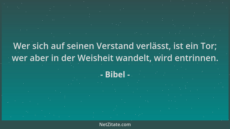 Bibel - Wer sich auf seinen Verstand verlässt, ist ein Tor; wer aber in der Weisheit wandelt, wird entrinnen....