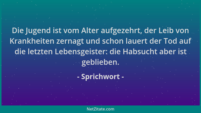 Sprichwort - Die Jugend ist vom Alter aufgezehrt, der Leib von Krankheiten zernagt und schon lauert der Tod auf die letzten...
