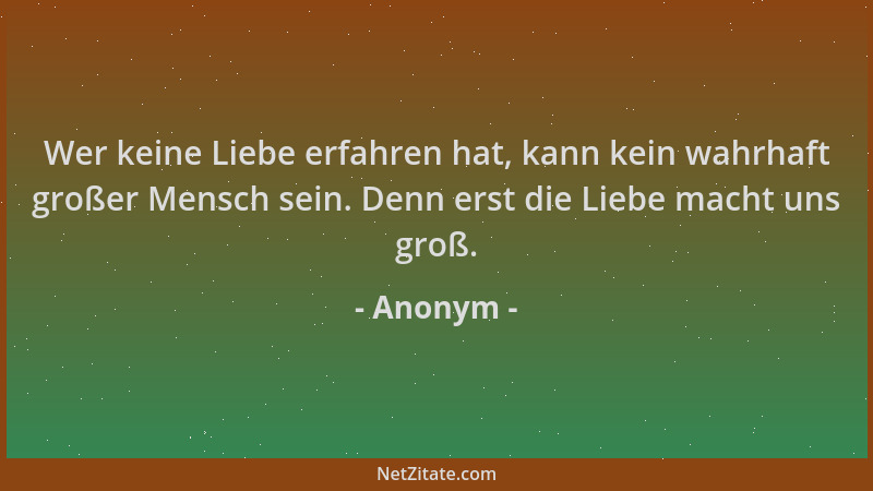 Anonym - Wer keine Liebe erfahren hat, kann kein wahrhaft großer Mensch sein. Denn erst die Liebe macht uns groß....