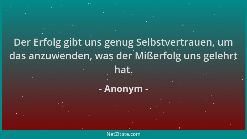 Anonym - Der Erfolg gibt uns genug Selbstvertrauen, um das anzuwenden, was der Mißerfolg uns gelehrt hat....