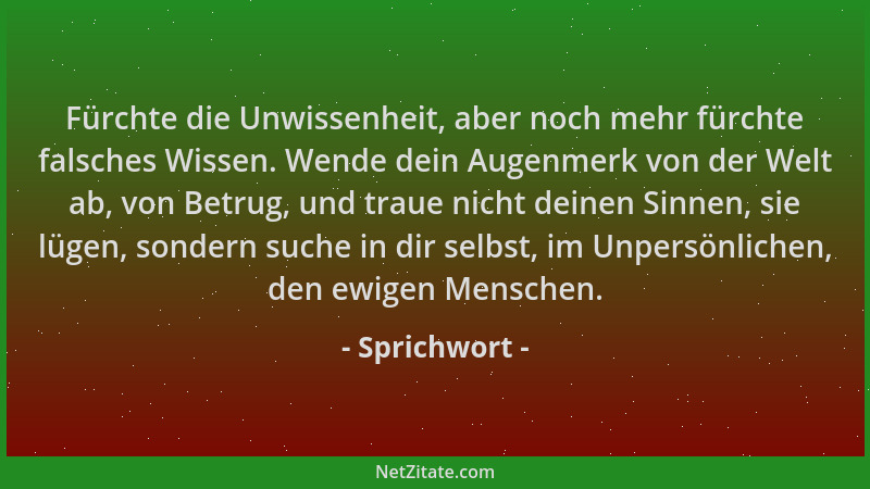 Sprichwort - Fürchte die Unwissenheit, aber noch mehr fürchte falsches Wissen. Wende dein Augenmerk von der Welt ab, von Be...