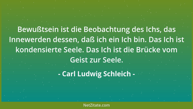 Carl Ludwig Schleich - Bewußtsein ist die Beobachtung des Ichs, das Innewerden dessen, daß ich ein Ich bin. Das Ich ist kon...