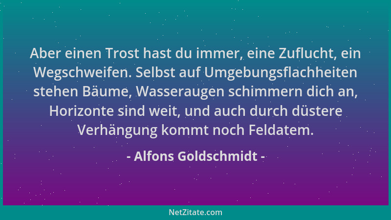 Alfons Goldschmidt - Aber einen Trost hast du immer, eine Zuflucht, ein Wegschweifen. Selbst auf Umgebungsflachheiten stehe...